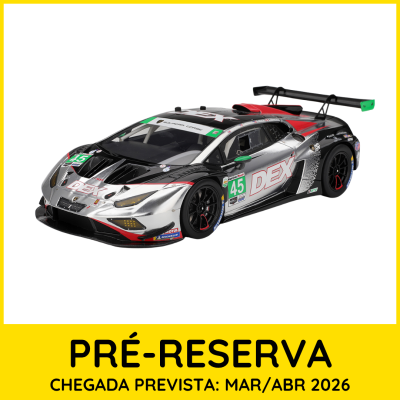 Modelo de carro de corrida preto, prateado e vermelho com inscrições e número 45