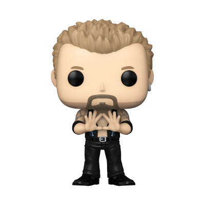 Figura Pop Funko de homem com cabelo loiro, barba preta, calças pretas e tatuagens
