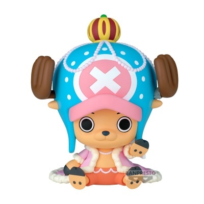 Figura colecionável de personagem com capacete azul e coroa