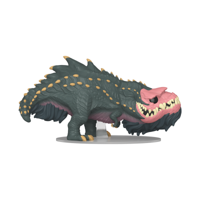 Figura colecionável de monstro quadrúpede cinza escuro com dentes grandes amarelos e detalhes rosa