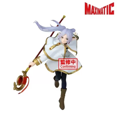 Figura colecionável personagem com capa branca, cabelos lilases e arma longa dourada e vermelha
