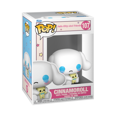 Figura Funko Pop! Cinnamoroll em embalagem com fundo azul claro e rosa