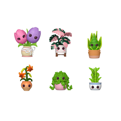 Seis figuras colecionáveis de plantas em vasos com rostos sorridentes