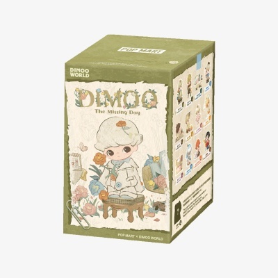 Caixa de coleção Pop Mart Dimoo com ilustração de personagem e lista de figuras na lateral