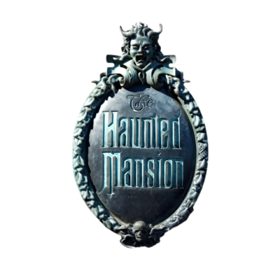 Placa metálica gótica com texto The Haunted Mansion em relevo