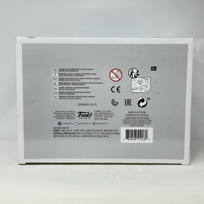 Embalaem cinza de produto Funko com etiquetas, símbolos e texto informativo