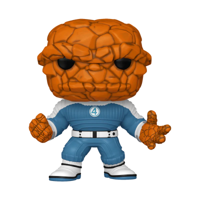 Figura Funko Pop de The Thing com roupa azul e padrão de pedras laranja.