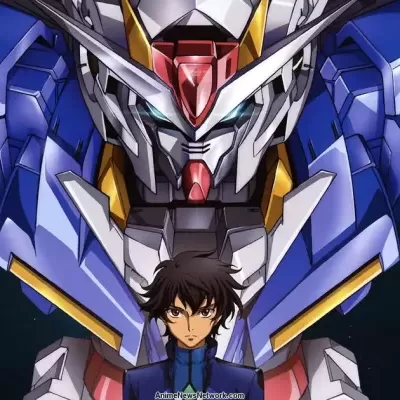 Robô estilo Gundam azul e branco com jovem rapaz em uniforme azul na frente