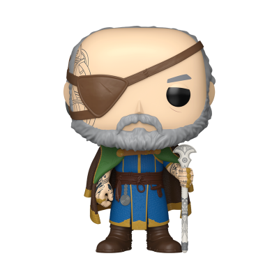 Figura de vinil Pop de personagem com túnica azul, capa verde, tapa-olho e cajado