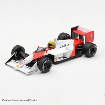 Miniatura de carro de Fórmula 1 branca e vermelha com logos Honda, Shell e Goodyear