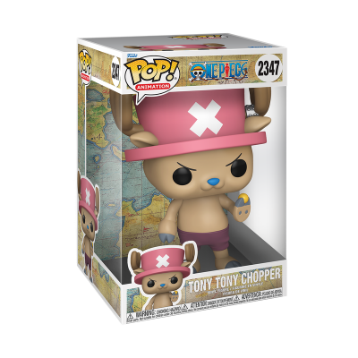 Figura Funko Pop Tony Tony Chopper One Piece com chapéu rosa e cruz branca, dentro de caixa com fundo de mapa.