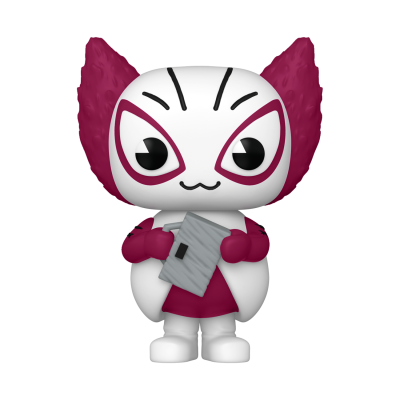 Figura de vinil branca e vinho segurando uma prancheta cinza