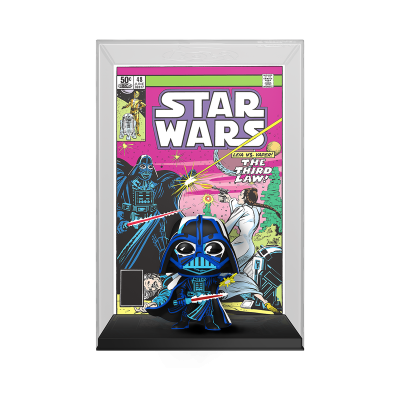 Figura Funko Pop Darth Vader em caixa transparente com capa da revista Star Wars atrás