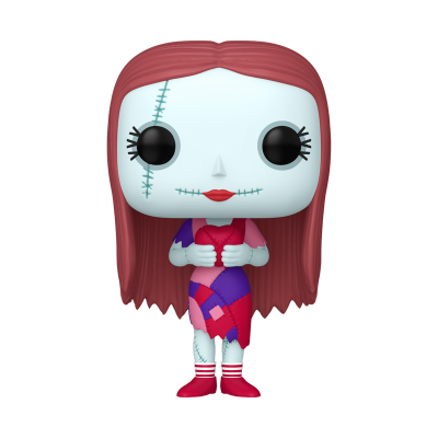 Figura colecionável Funko Pop da personagem Sally com vestido de remendos e cabelo vermelho.