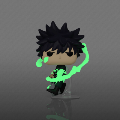 Figura Funko Pop anime com cabelo preto espetado e efeitos verdes de energia em base transparente