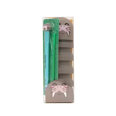 Conjunto de material escolar com estojo em forma de morsa, caneta, lápis e régua