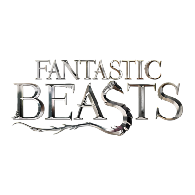 Logótipo metálico prateado FANTASTIC BEASTS com criatura estilizada na letra S
