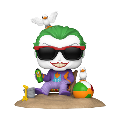 Figura Funko Pop do Coringa com óculos de sol sentado na praia com gaivotas e acessórios