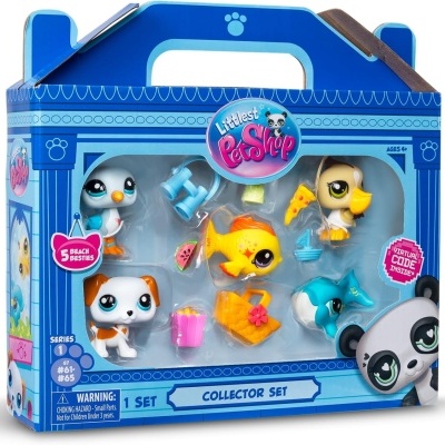 Conjunto colecionável Littlest Pet Shop com cinco figuras de animais em embalagem azul com pega