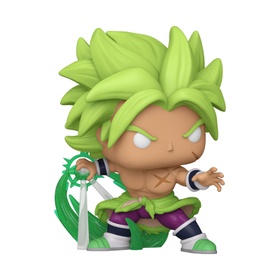 Figura colecionável de personagem com cabelo verde claro e calças roxas segurando espada e efeito verde