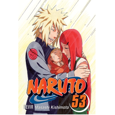 Capa do manga Naruto volume 53 com personagens a abraçar um bebé.