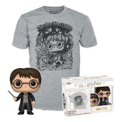 Boneco Funko Pop Harry Potter, t-shirt cinzenta com estampado de Harry Potter e caixa da embalagem.