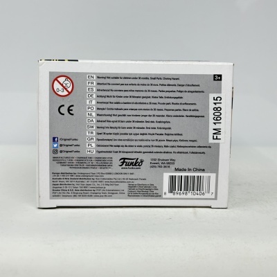 Caixa branca de embalagem Funko com aviso de segurança e código de barras