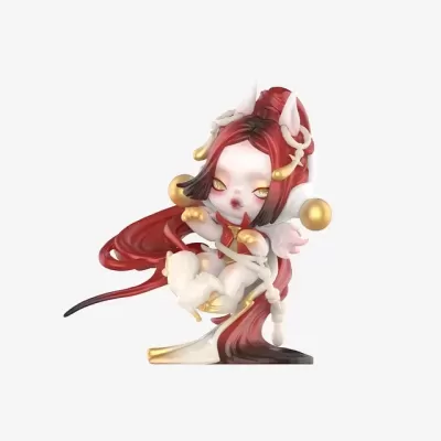 Figura colecionável de personagem estilizada com cabelo vermelho, asas e chifres brancos