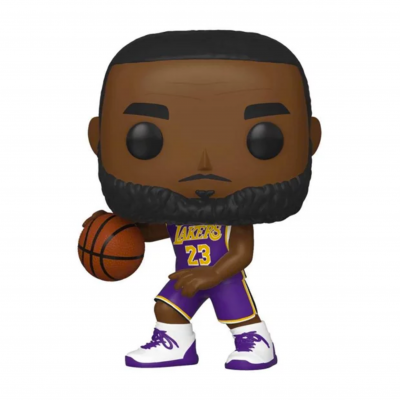 Figura Funko Pop de jogador de basquete com uniforme dos Lakers e bola na mão