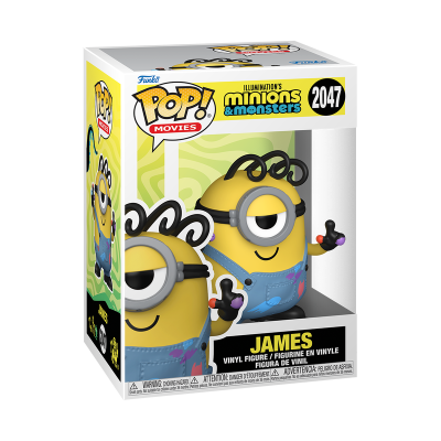 Figura Pop! Movies de vinil James dos Minions, amarelo, com calças azuis e cabelo preto em espiral na caixa