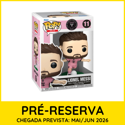 Figura Funko Pop Lionel Messi com uniforme cor-de-rosa e bola branca em caixa transparente