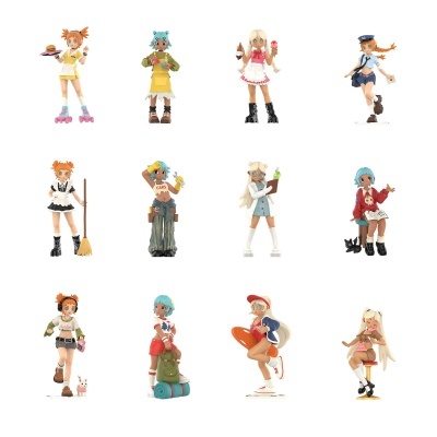 Doze bonecas estilizadas de vinil com várias roupas e acessórios em fundo branco.