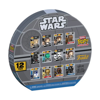 Pack de 12 figuras Funko Pop! Star Wars em blister redondo cinza com logo e texto colorido.