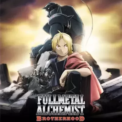 Poster da série Fullmetal Alchemist Brotherhood com dois personagens principais