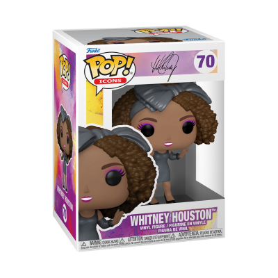 Figura Funko Pop! Whitney Houston com vestido cinza e cabelo encaracolado na caixa