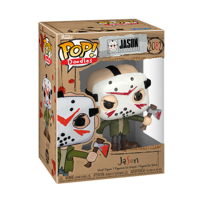 Figura Funko Pop! Doodles Jason com máscara branca e casaco verde na caixa