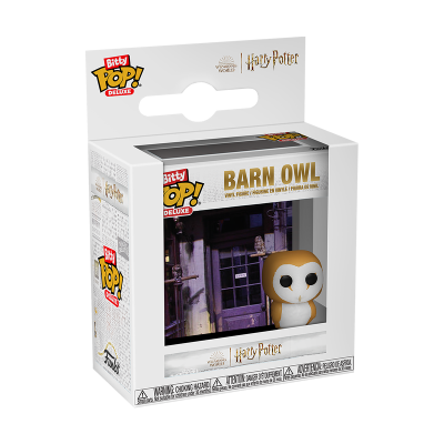 Embalagem branca de colecionável Bitty Pop! Deluxe com figura de coruja barn owl e texto Harry Potter