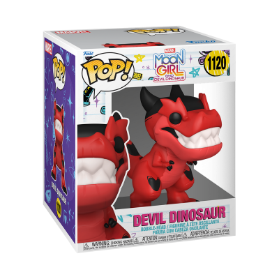Boneco Funko Pop! Devil Dinosaur vermelho com chifres pretos em embalagem com fundo roxo e branco