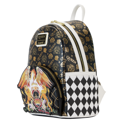 mochila preta com padrões dourados e brancos e bolso frontal colorido