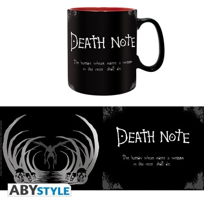 Caneca preta e vermelha com texto 'DEATH NOTE' e design de crânios e asas