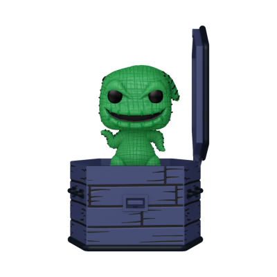 Figura Funko Pop verde dentro de baú azul aberto