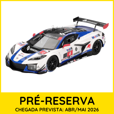 Miniatura de carro de corrida Corvette branco e azul com rodas pretas e detalhes de patrocínios