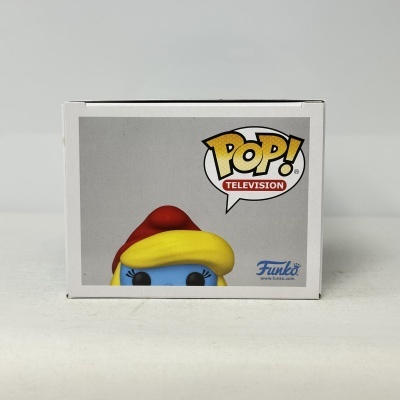 Caixa Funko Pop com figura azul, cabelo amarelo e chapéu vermelho