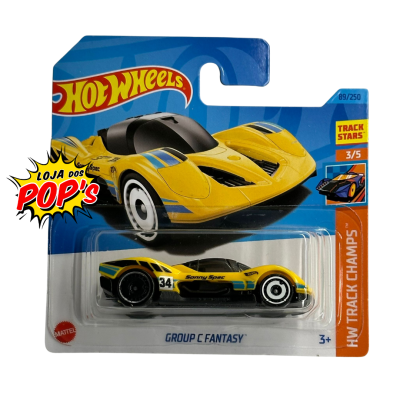 Carrinho de corrida Hot Wheels amarelo em embalagem azul