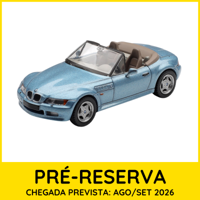 Modelo de carro descapotável BMW azul metálico em fundo branco com texto de pré-reserva