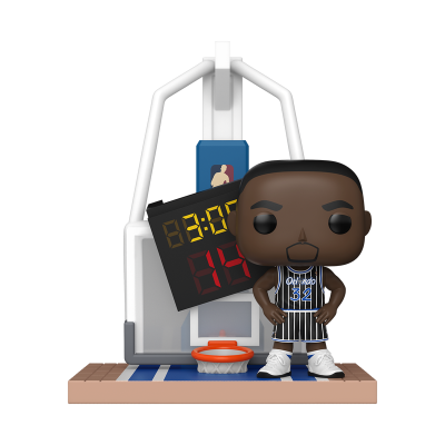 Figura colecionável de jogador de basquete com camisola Orlando 32 ao lado de tabela de basquete com marcador