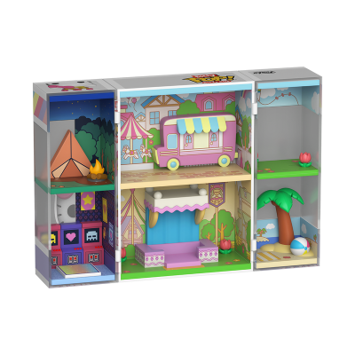 Miniatura de brinquedo Funko POP! com cenários coloridos e pequenos ambientes em divisórias.