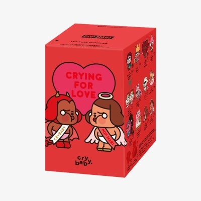 Caixa vermelha com desenhos de personagens de brinquedo e texto CRYING FOR LOVE