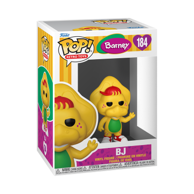 Figura Funko Pop Retro Toys Barney BJ número 184 com corpo amarelo e verde em caixa.