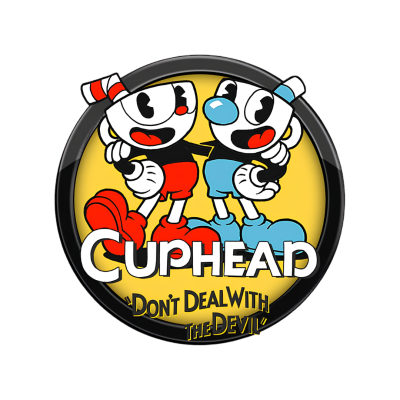 Ilustração circular Cuphead com dois personagens animados e texto